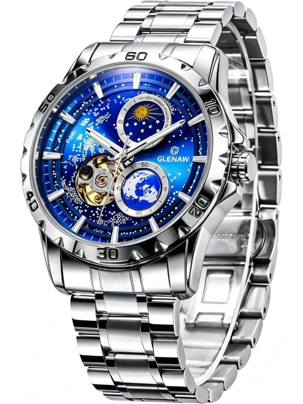 Multifunctional Men's Automatic Watch, Starry Sky Dial, Steel Band, Stopwatch